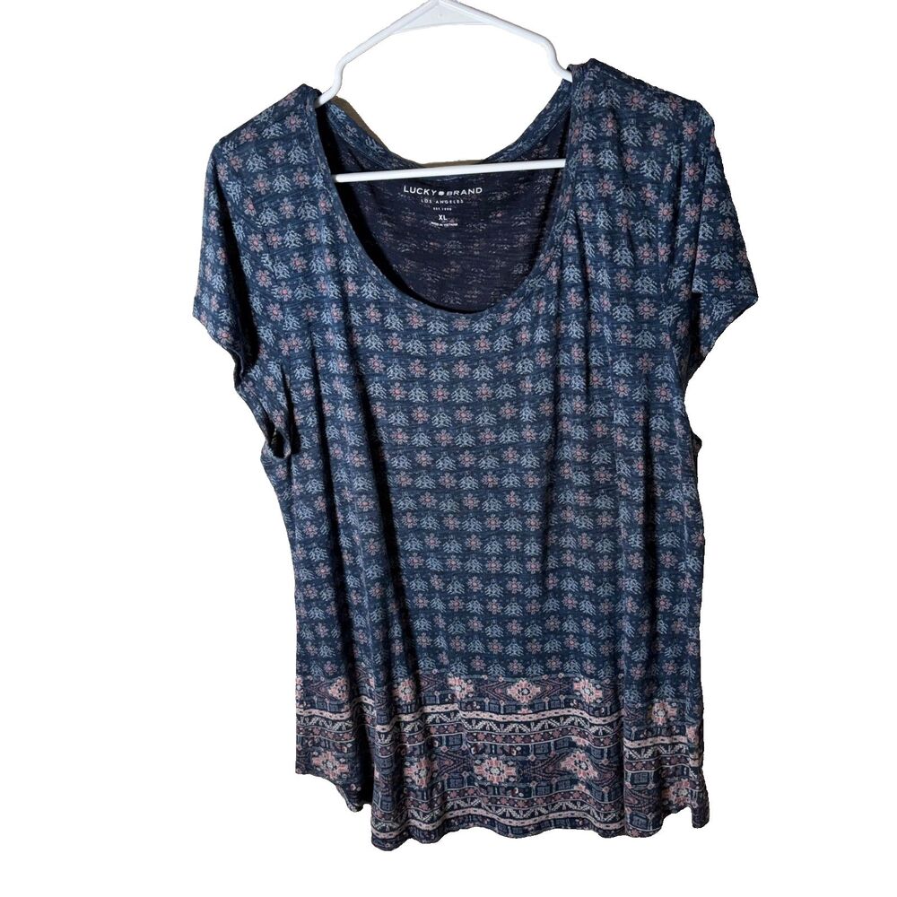 Lucky Brand T-Shirt Women's XL Blue Round Neck Short Sleeve Boho Top Casual